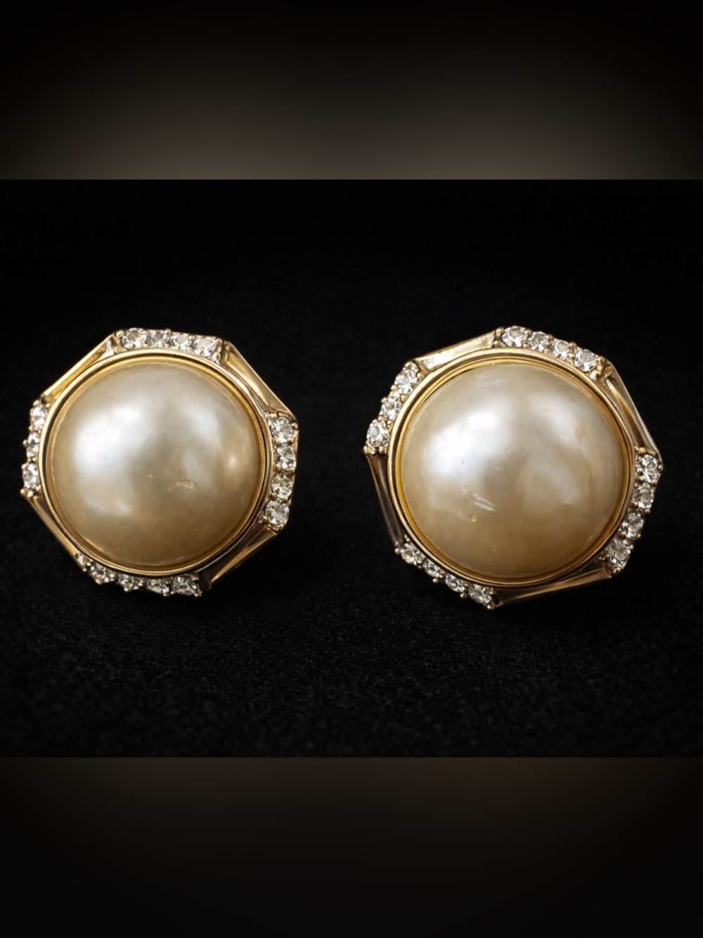 Vintage Large Faux Pearl Rhinestone Stud Earrings Gold Tone Statement